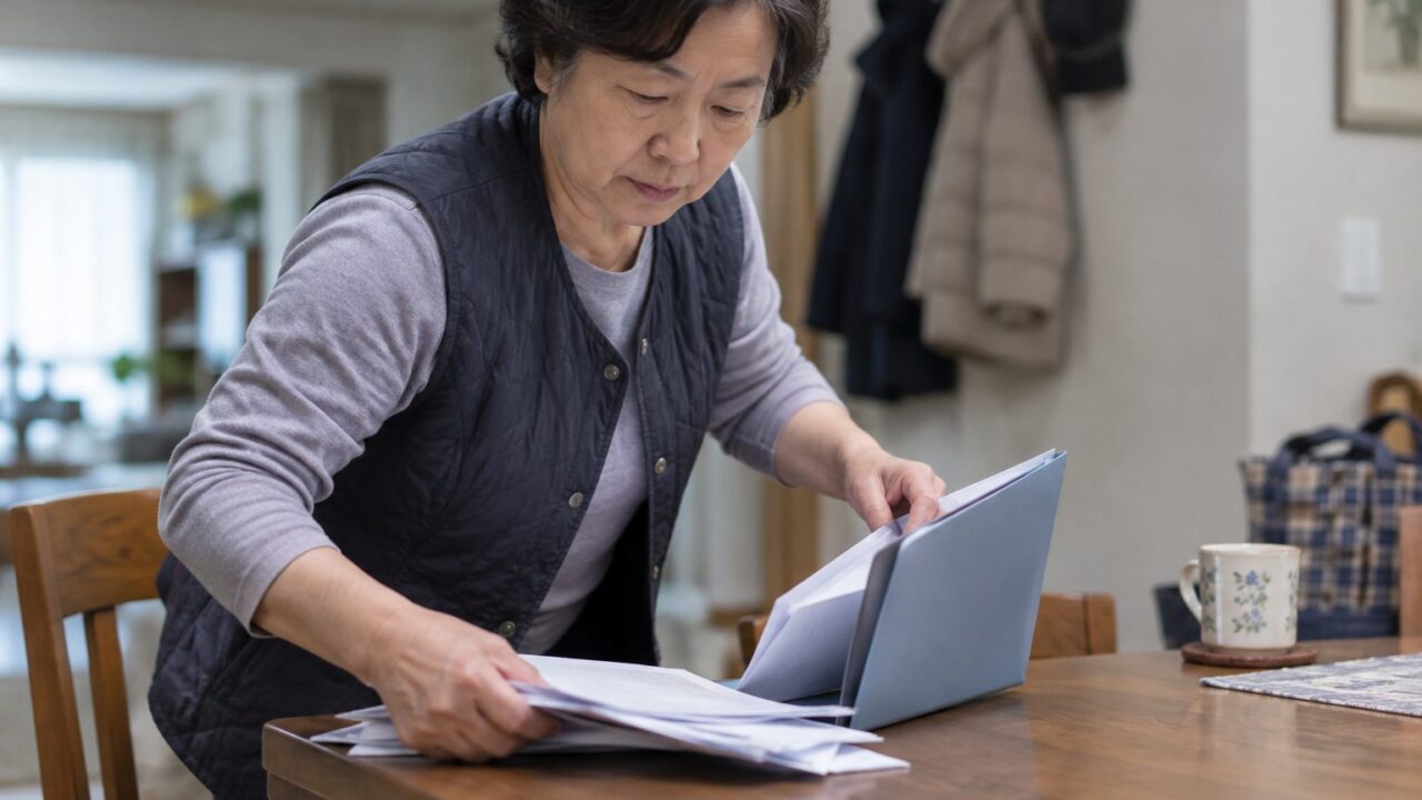식탁에서 일어서며 서류를 파일에 끼우는 어르신