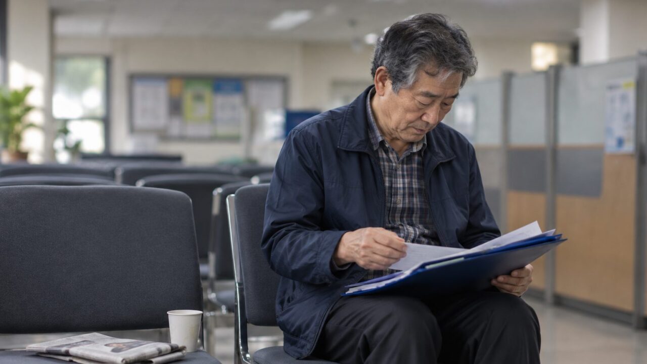 주민센터 의자에 홀로 앉아 서류철을 정리하는 60대 어르신