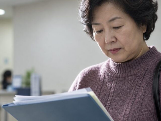 주민센터 안에서 서류철을 가슴에 안은 60대 어르신