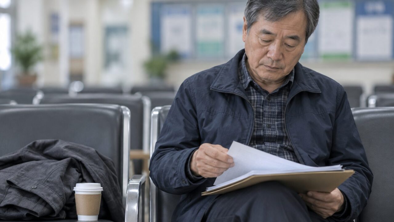 주민센터 대기 의자에서 서류철을 넘겨 보는 60대 어르신