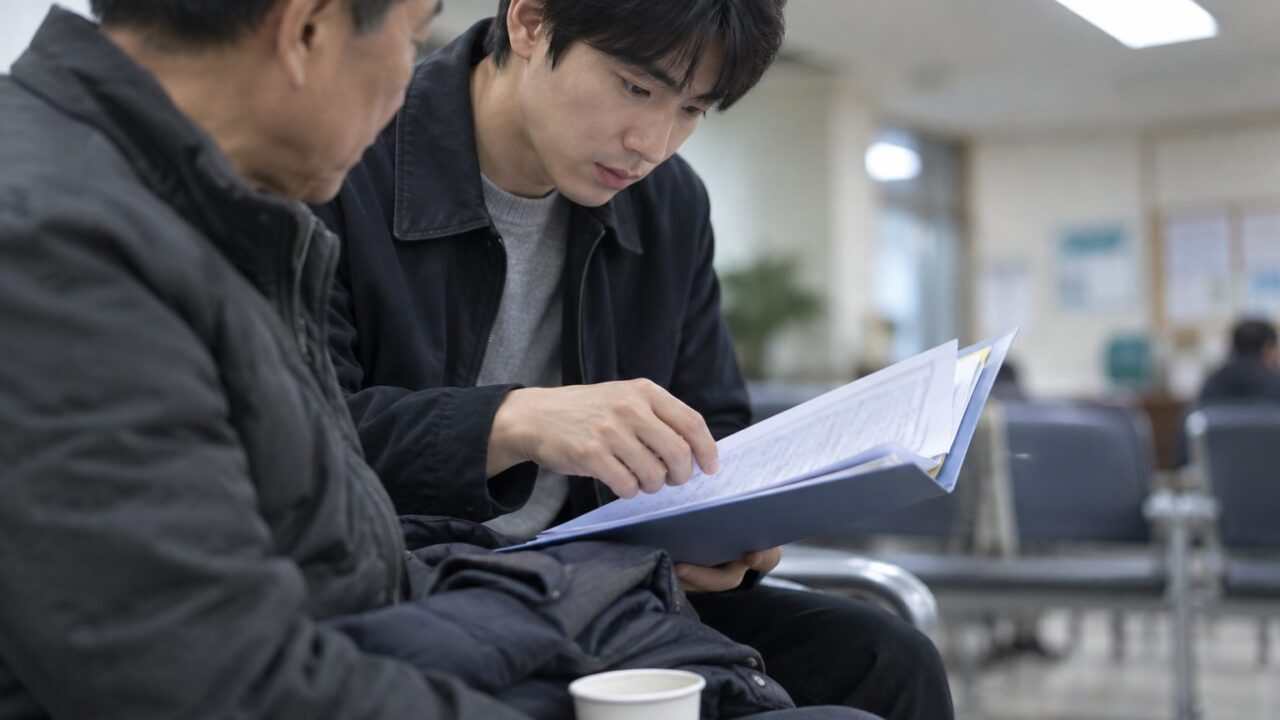 서류철을 펼쳐 확인하는 아들과 곁의 아버지