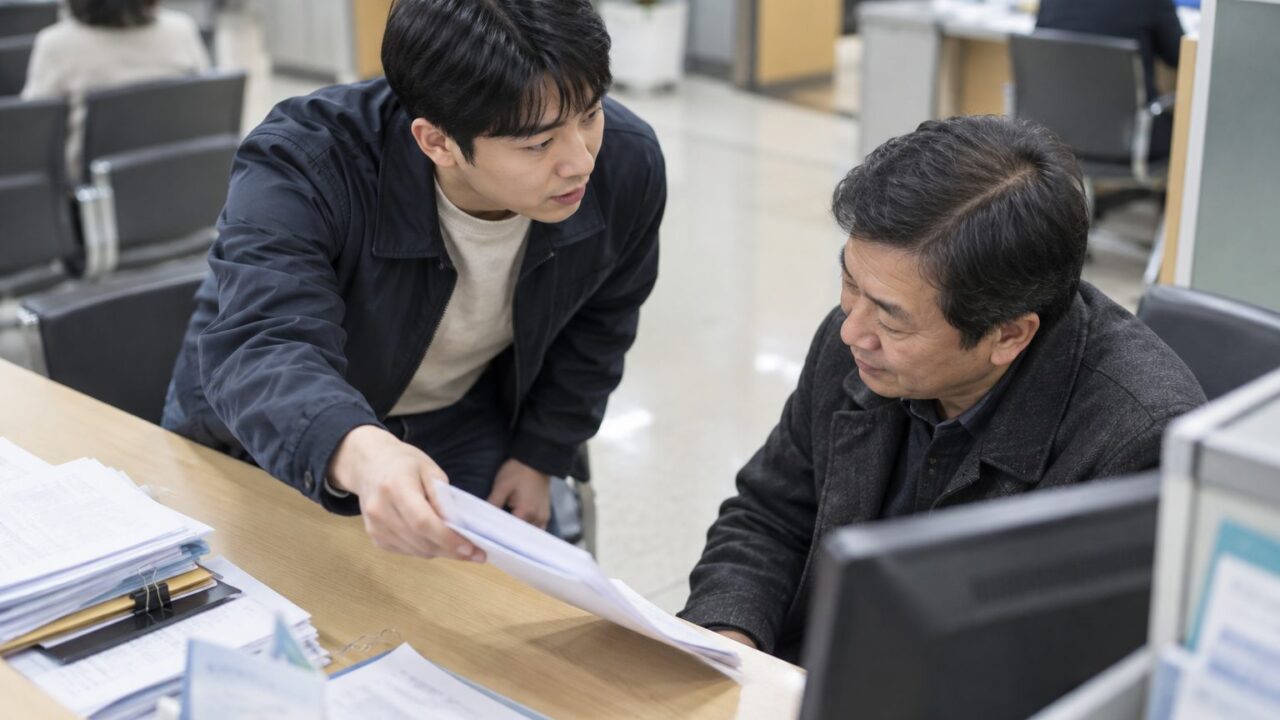 서류를 창구 쪽으로 내미는 아들과 따라 읽는 아버지