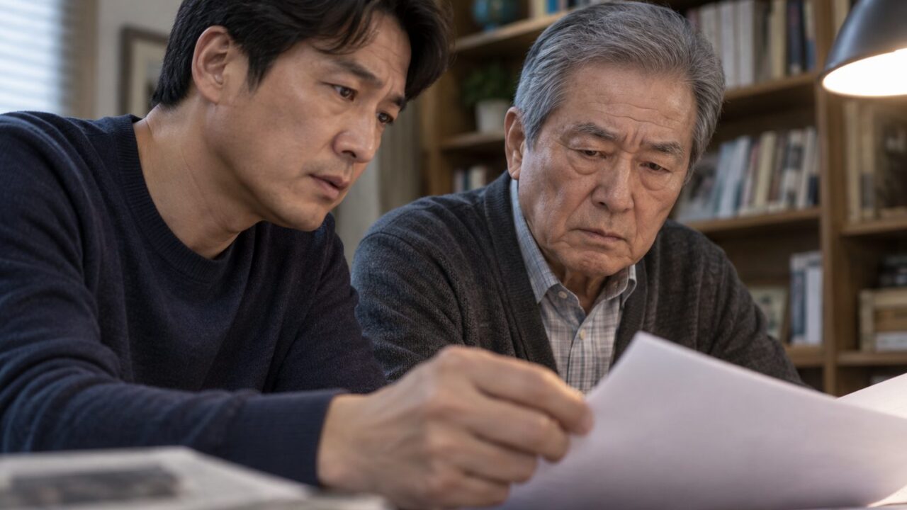 서재 책상에 나란히 앉아 서류를 넘기는 부자