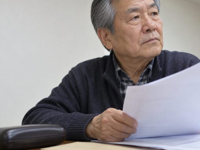 식탁에서 서류를 들고 옆을 보는 70대 아버지