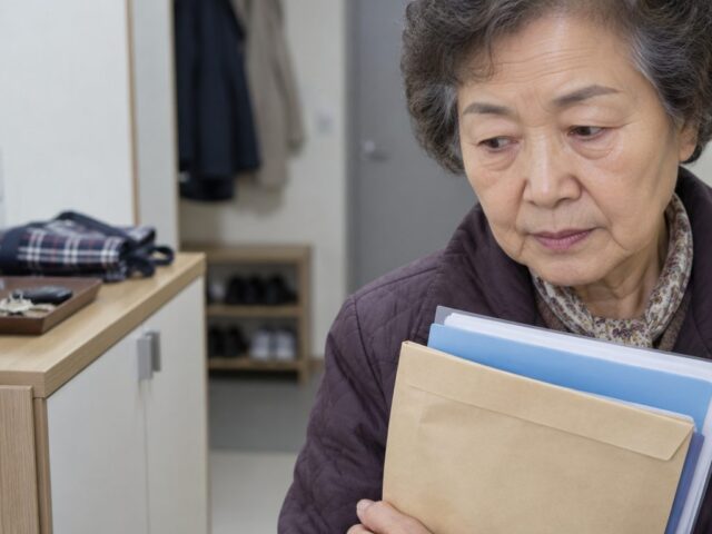 서류 봉투와 파일을 안고 선 현관 옆의 70대 어르신