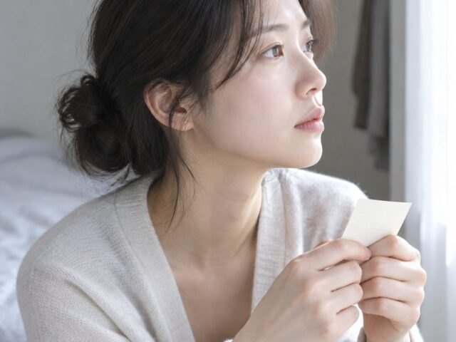 침실에서 작은 메모지를 쥐고 생각에 잠긴 아내