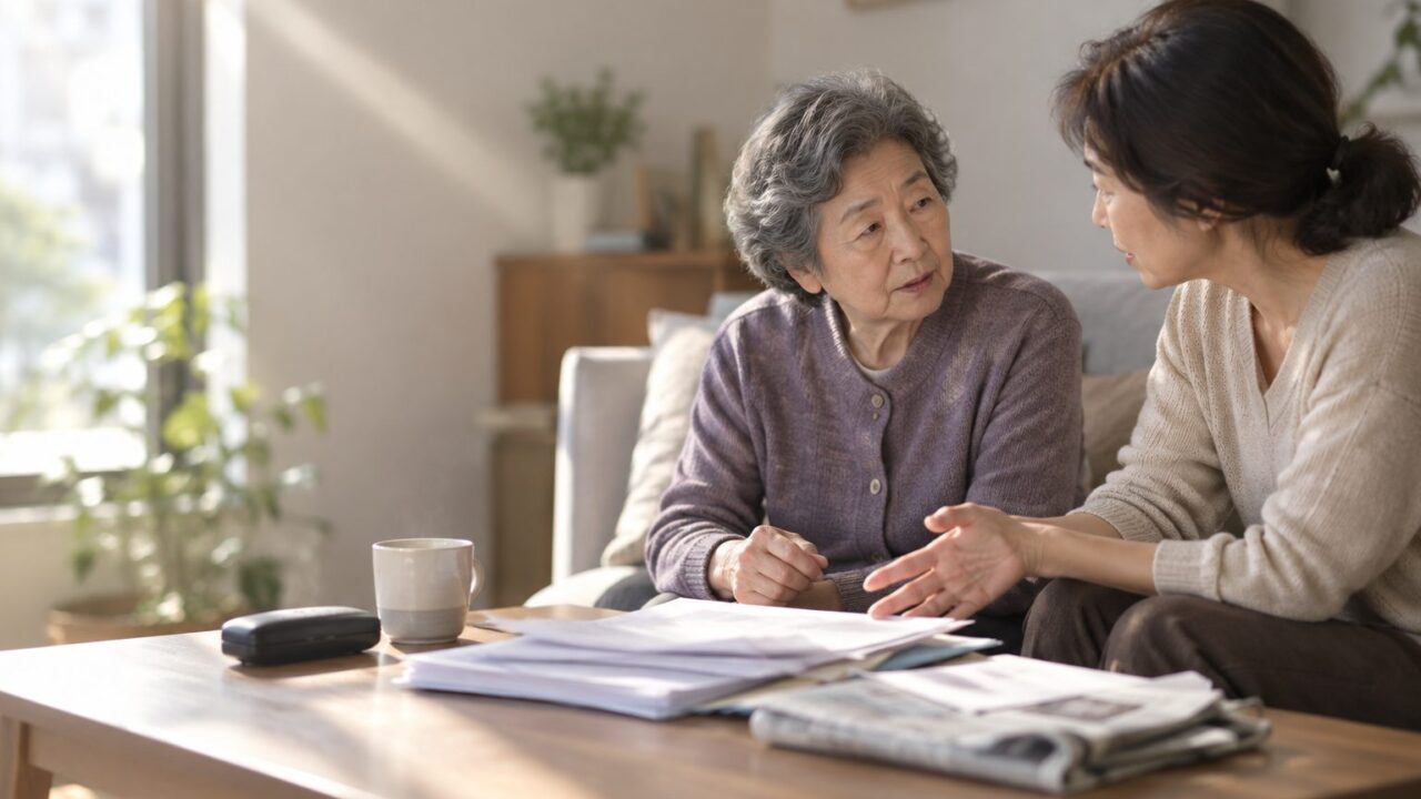 거실 탁자에 마주 앉아 의논하는 80대 어머니와 딸