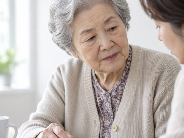 서류 모서리를 잡고 딸 쪽으로 고개 기울인 80대 어머니