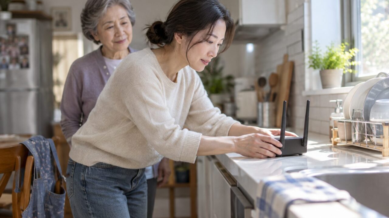 주방에서 수신기 위치를 옮겨 보는 손주와 어머니