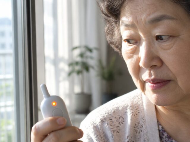 베란다 문 옆에서 수신기를 확인하는 70대 어머니