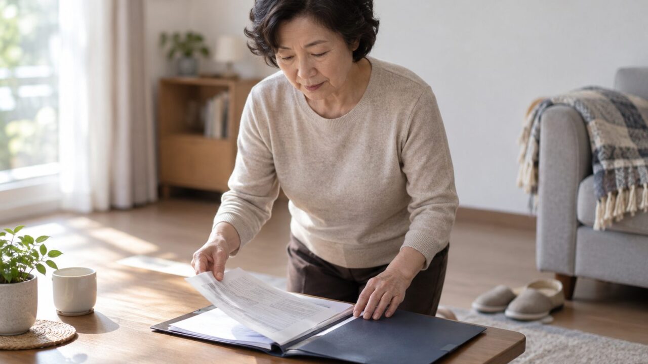거실 탁자에서 서류철을 펴는 어르신