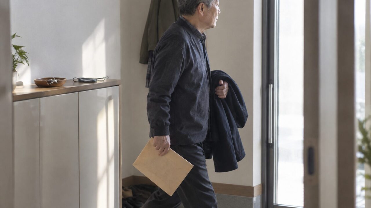 겉옷을 걸치고 서류 봉투를 들고 현관을 나서는 어르신