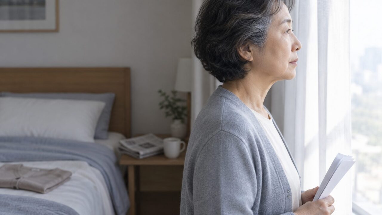 침실 창가에서 안내문을 쥐고 서 있는 60대 어르신