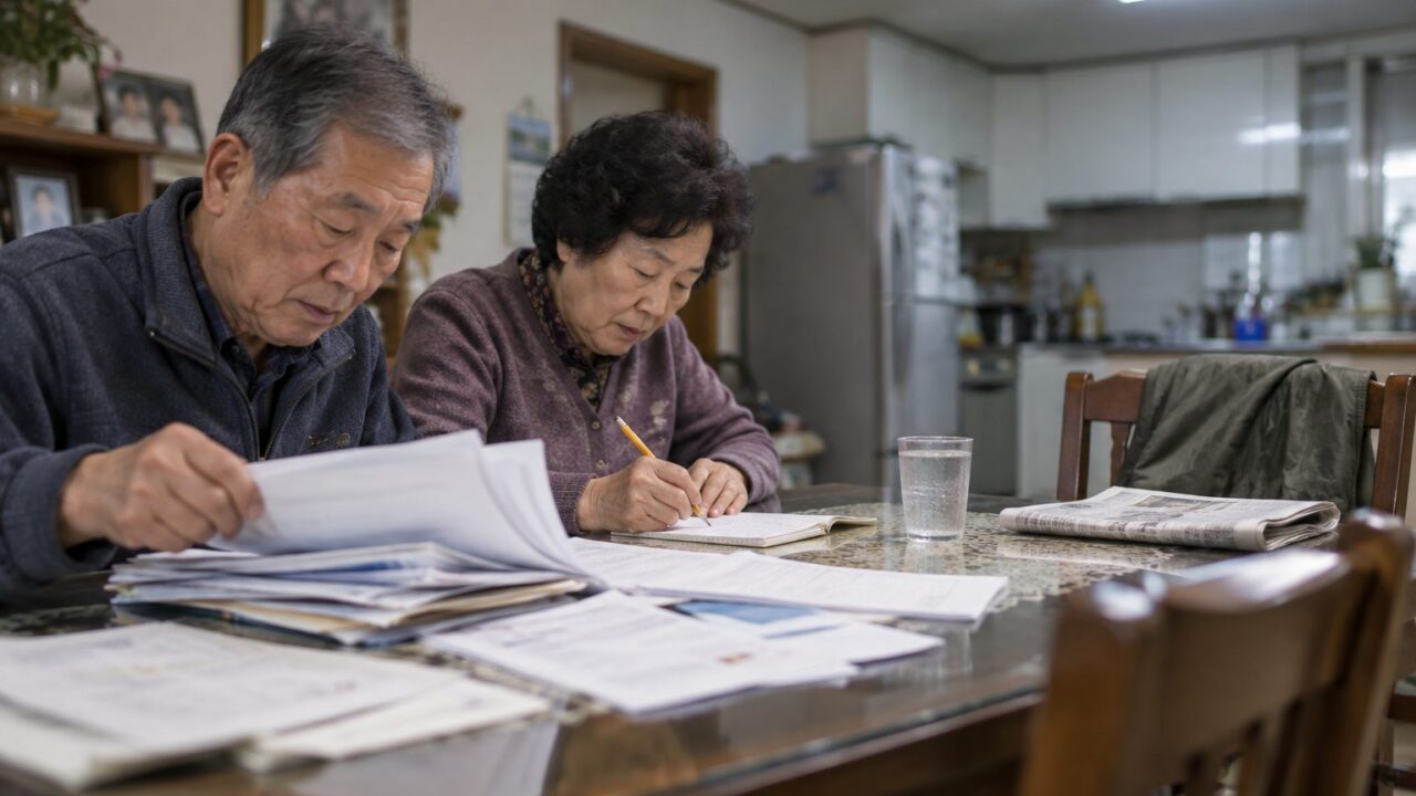 식탁에 서류를 펼쳐 놓고 메모하는 70대 부부