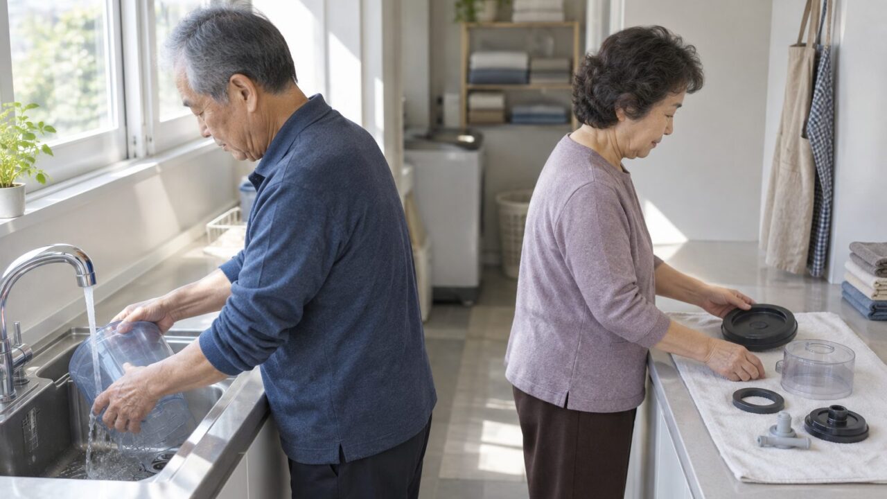 다용도실 싱크에서 물통을 헹구는 70대 남편