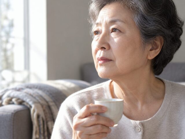 작은 컵을 들고 창 쪽을 보는 70대 아내