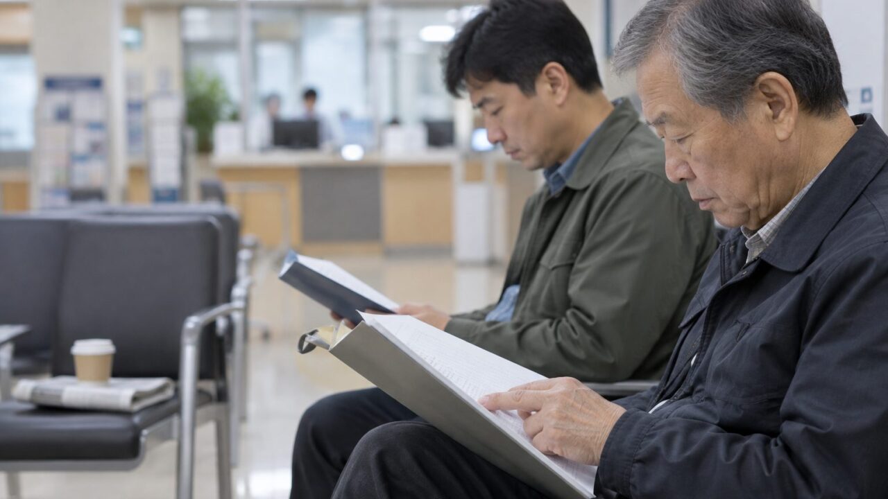 주민센터 의자에 나란히 앉아 서류철을 읽는 부자