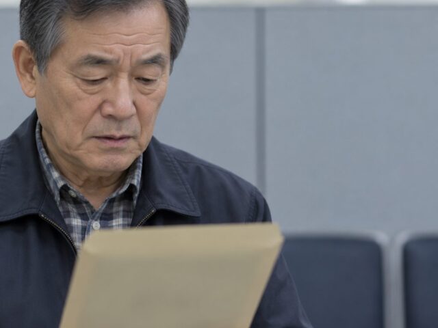 서류 봉투를 들고 아래를 보는 주민센터의 70대 아버지