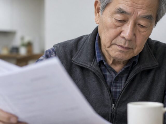 서류를 손에 들고 아래를 보는 70대 부부 중 한 사람