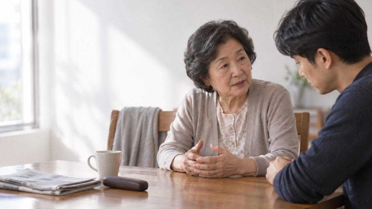 식탁에 마주 앉아 이야기하는 어머니와 손주