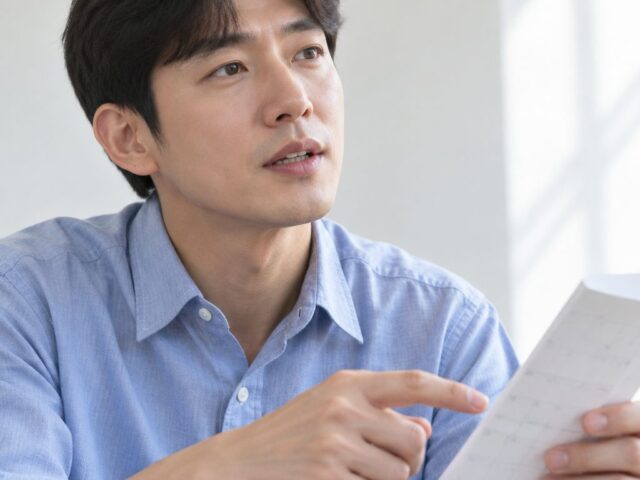 달력 종이를 들고 차분히 설명하는 30대 손주