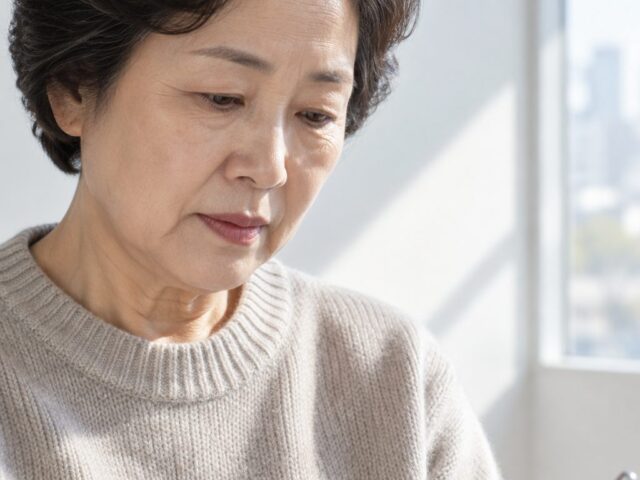 교통카드 케이스를 내려다보는 어르신