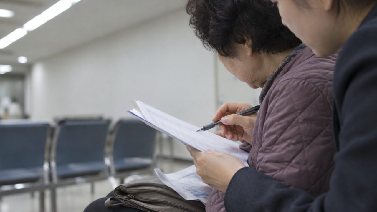 주민센터 대기 의자에서 서류를 확인하는 어르신