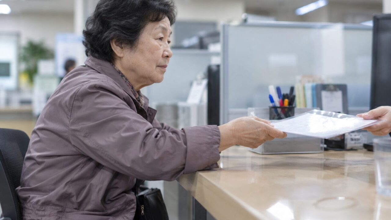 주민센터 창구 앞에서 서류 한 장을 건네는 어르신