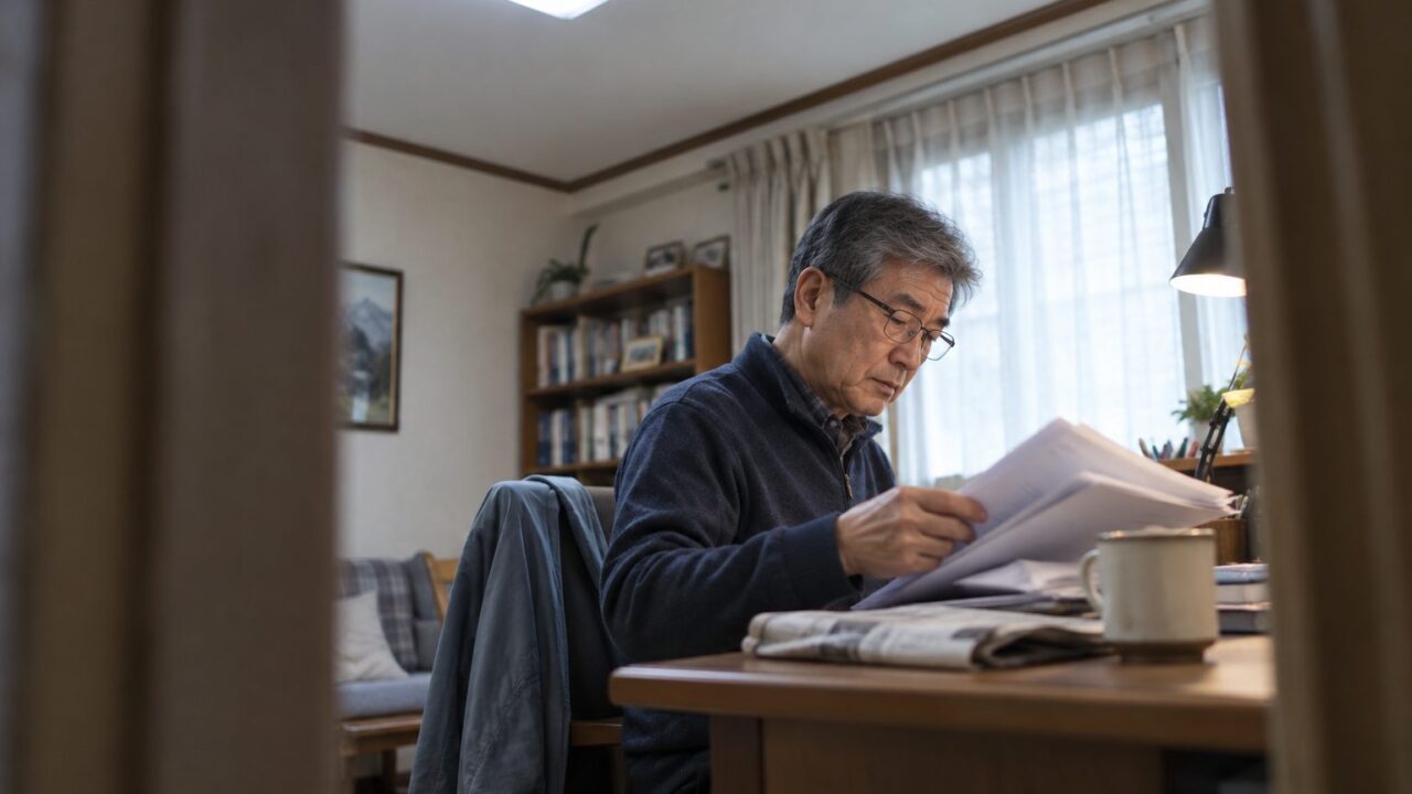 서재 책상 앞에서 서류뭉치를 펼쳐 든 60대 어르신