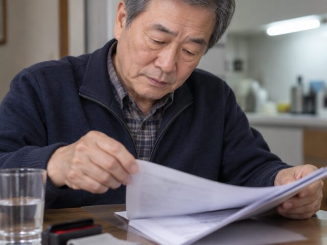 식탁에서 계약서 묶음을 넘기며 살피는 60대 어르신