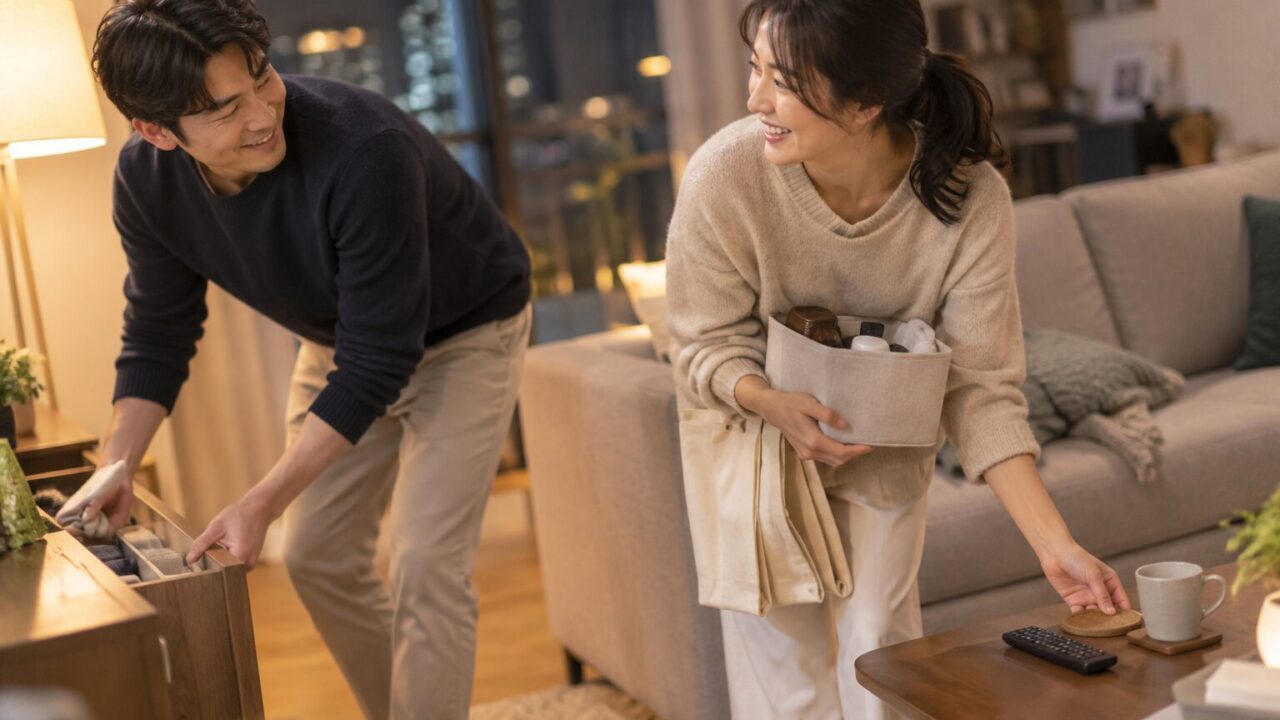 거실에서 정리함을 들고 걷는 남편과 테이블을 정돈하는 아내