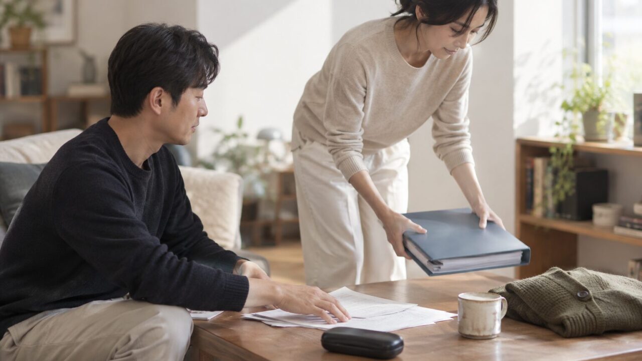 거실 탁자에 서류철을 내려놓는 아내와 자리를 비켜 앉은 남편