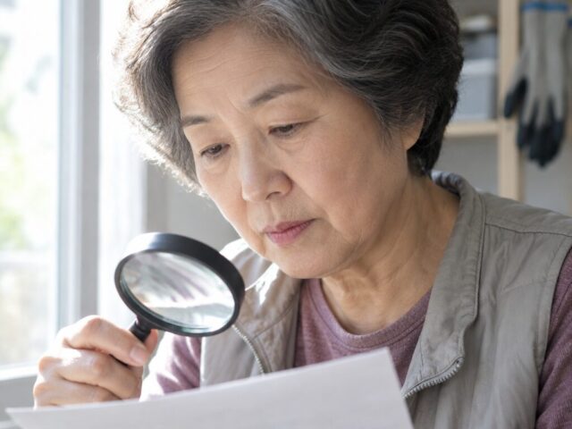 돋보기를 손에 들고 종이를 내려다보는 어르신