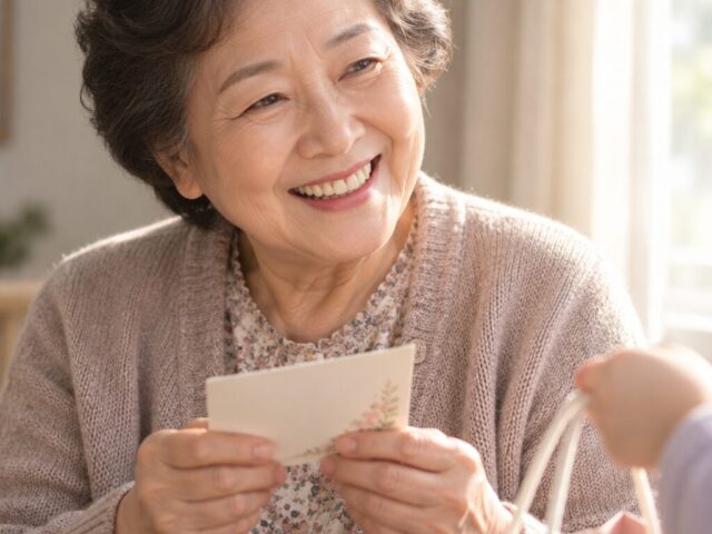손주 쪽을 보며 작은 카드를 들고 웃는 70대 어머니