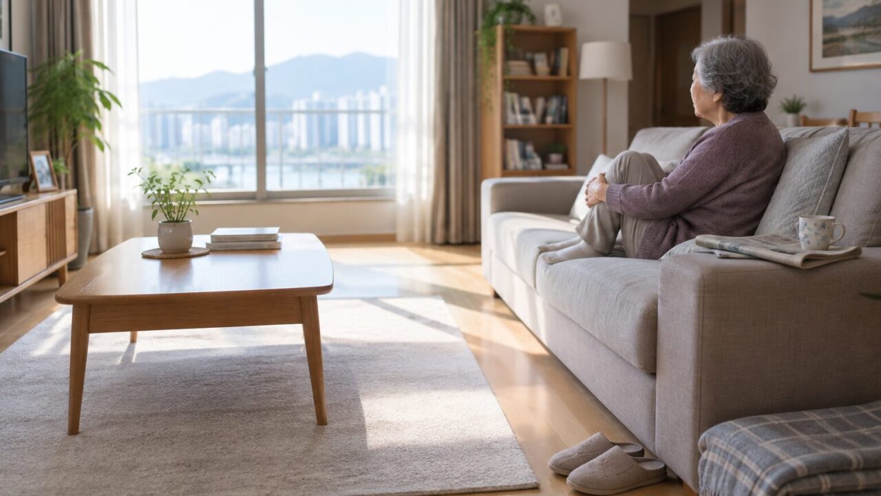 거실 소파에서 무릎을 감싸 쥐고 창밖을 보는 70대 어르신