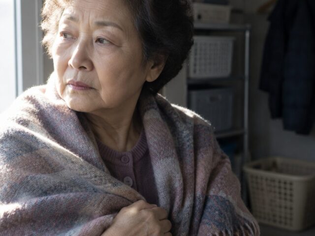 어깨에 얇은 숄을 두르고 옆을 보는 70대 어머니