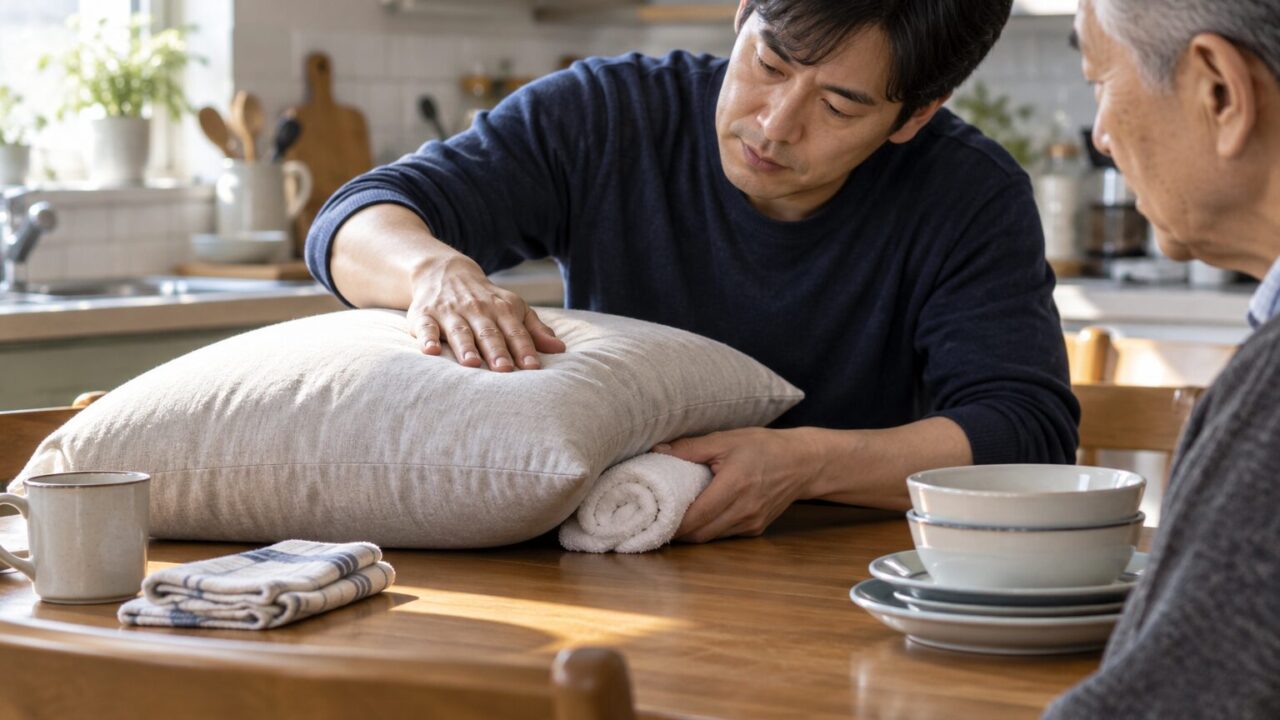 주방에서 베개와 수건을 만지는 아들과 바라보는 아버지