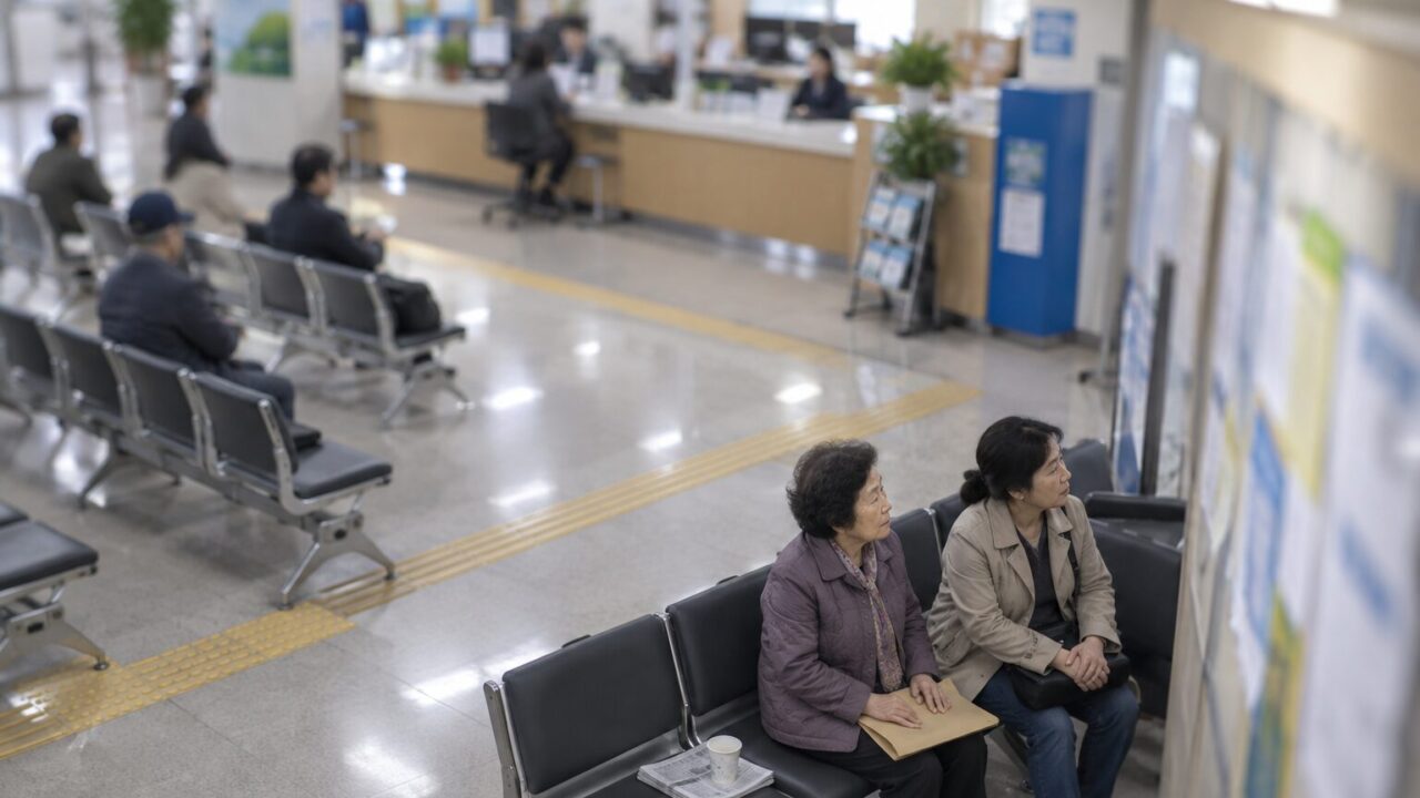 주민센터 대기 의자에 서류 봉투를 올려 두고 앉은 모녀