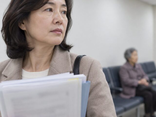서류 묶음을 들고 옆을 보는 50대 딸과 뒤에 앉은 어머니