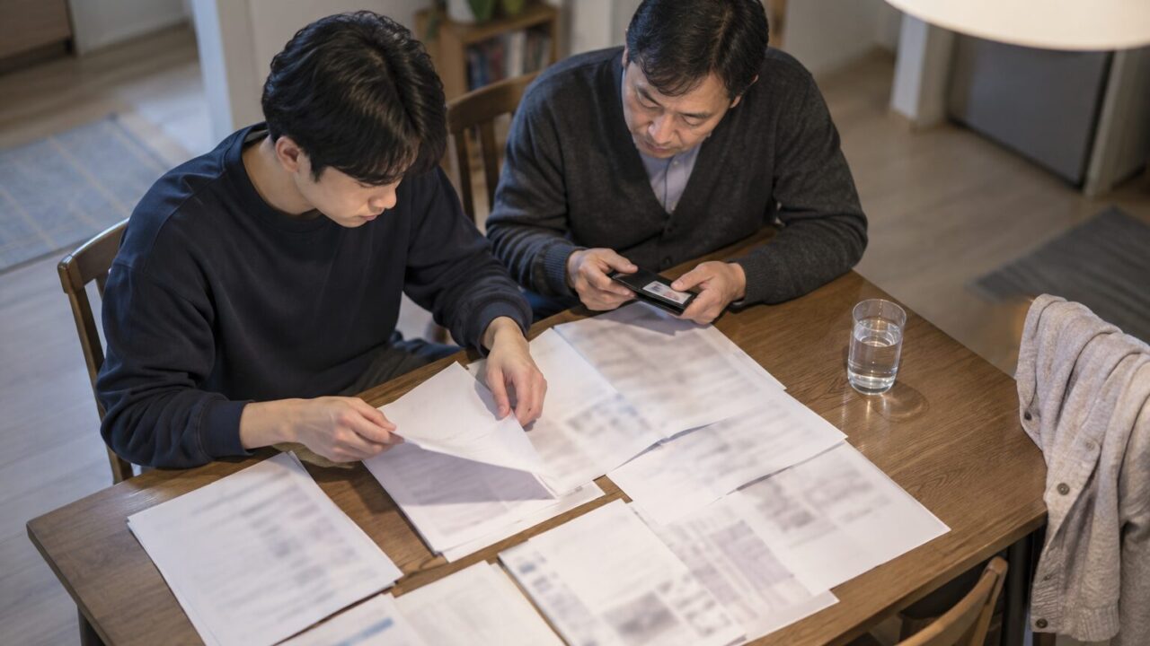 식탁에서 서류를 넘기는 아들과 신분증 케이스를 꺼내는 아버지