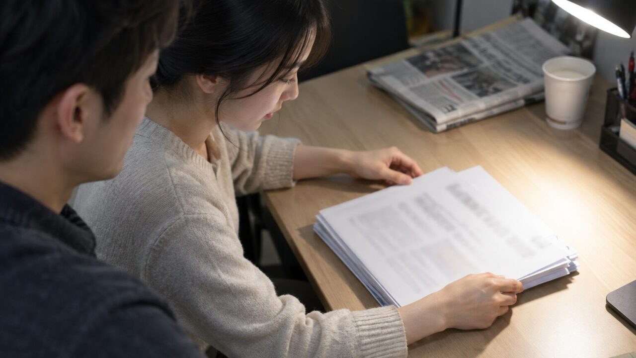 책상에서 서류 모서리를 맞추는 아내와 곁의 남편
