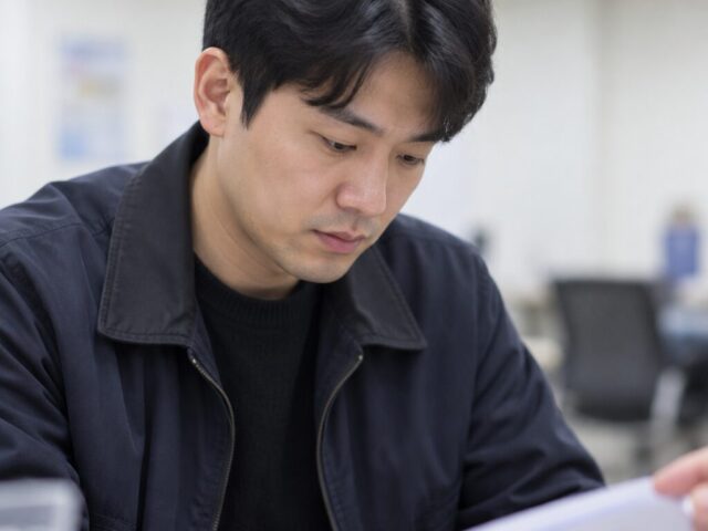 주민센터에서 서류를 내려다보는 남편