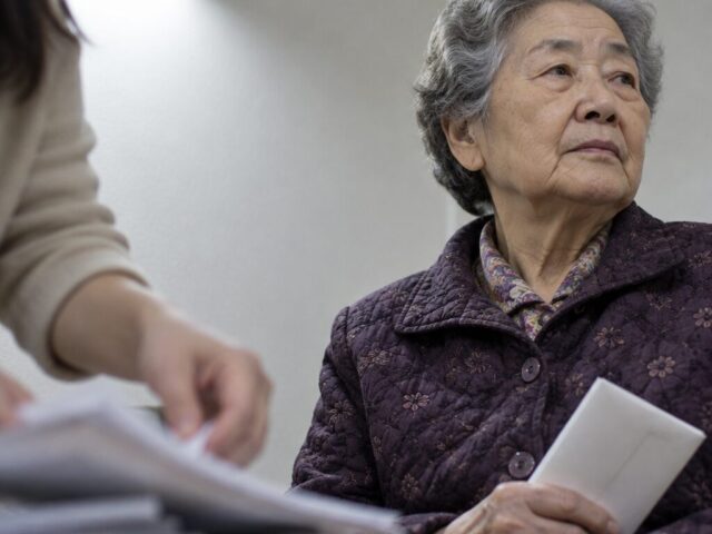 서류 봉투를 접어 쥐고 앉은 80대 어머니와 곁의 딸
