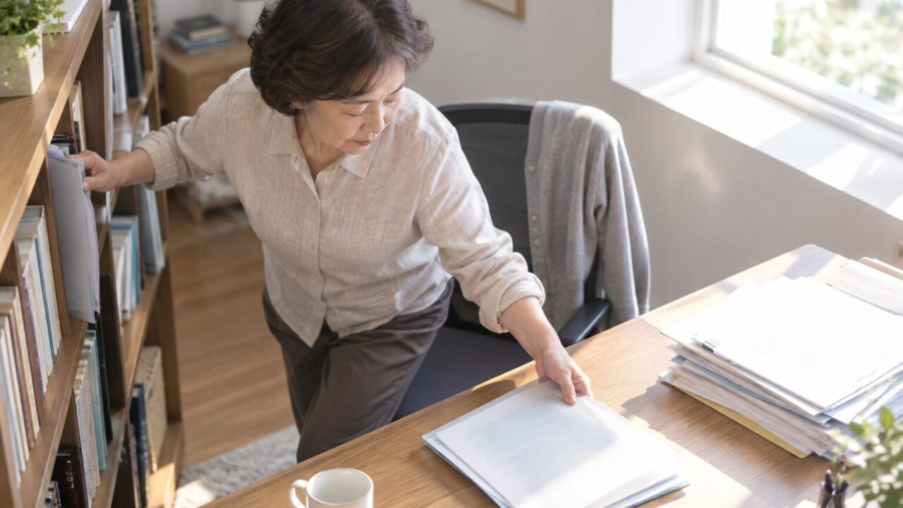 책장에서 얇은 파일을 꺼내 책상으로 옮기는 60대 어르신