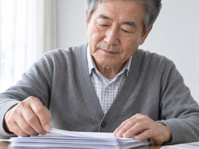 거실 낮은 탁자에 서류를 가지런히 놓고 모서리를 맞추는 어르신