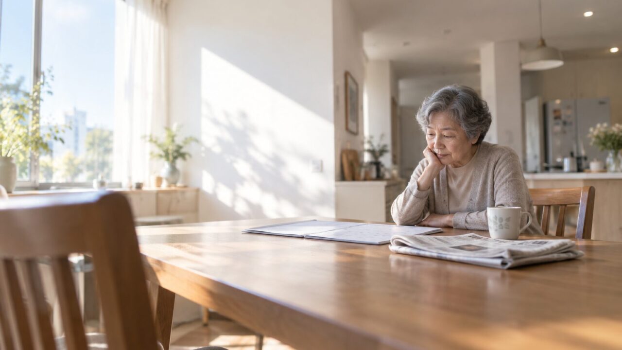 주방 식탁에 앉아 달력을 보며 생각하는 어르신