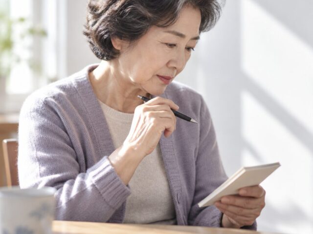 책상 앞에서 메모지와 펜을 쥐고 멈춘 어르신