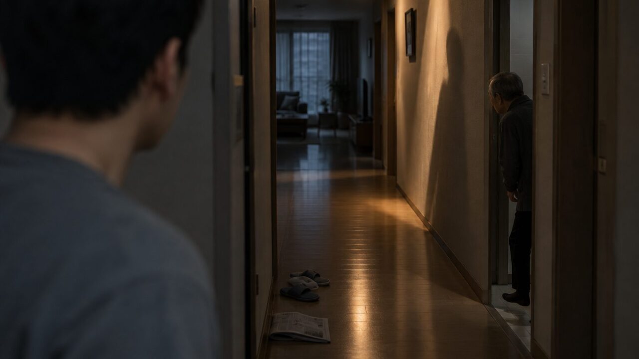복도 끝에서 발끝을 조심히 내딛는 아버지와 뒤의 아들