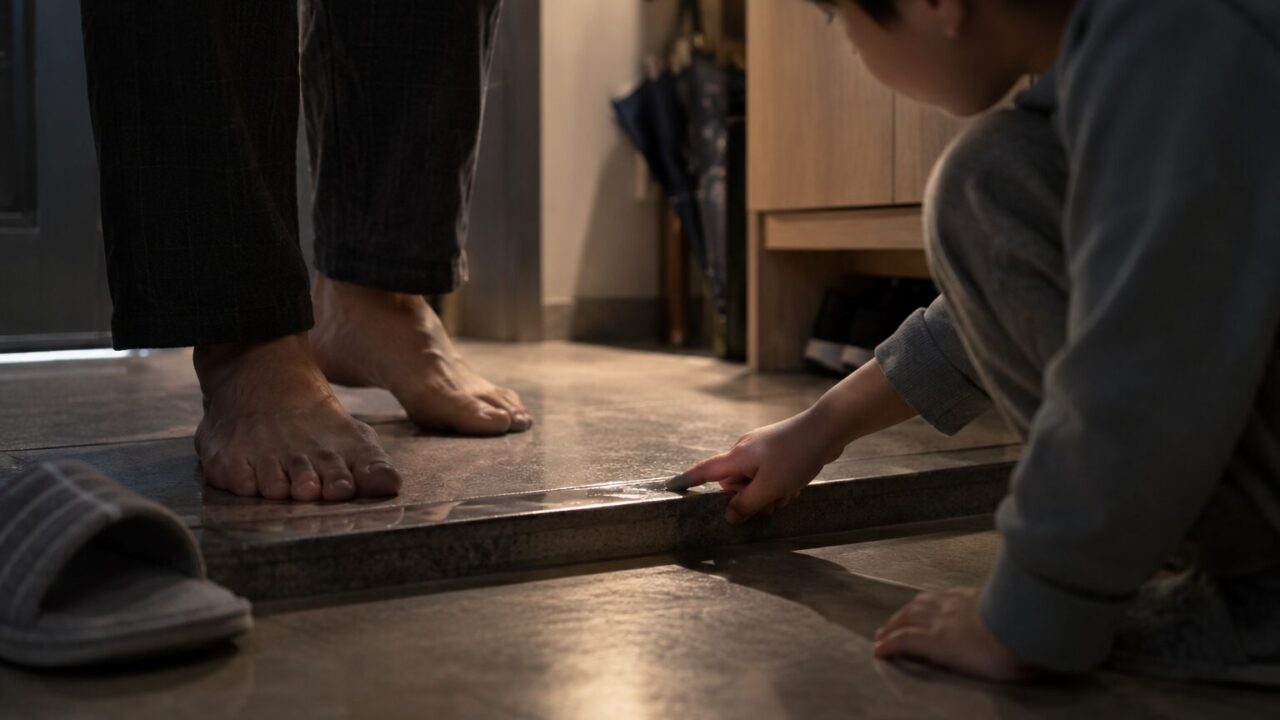 문턱 앞에 선 아버지의 발과 바닥 단차를 짚어 보는 아들