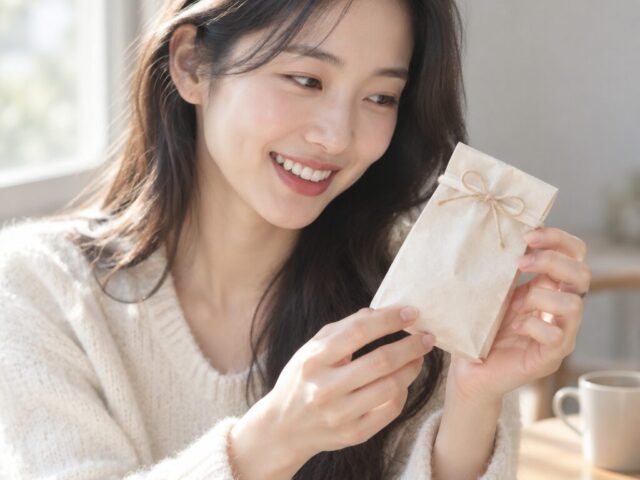 작은 포장 봉투를 들어 올려 확인하며 웃는 아내